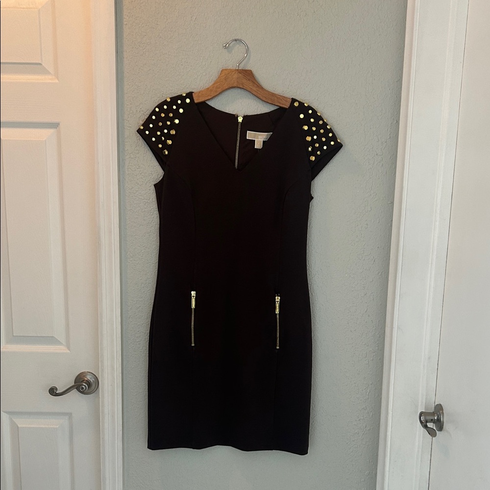 Michael Kors Chocolate Brown Dress with Gold Studded Sleeves